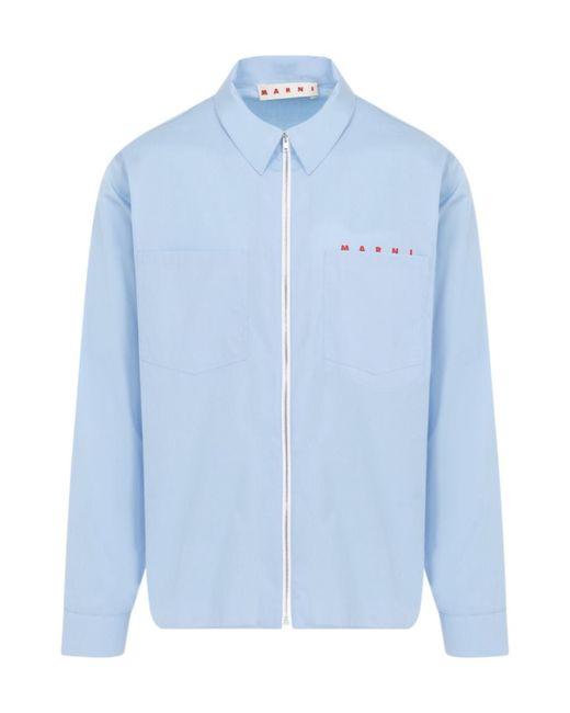 Marni Blue Logo-Printed Long-Sleeved Zipped Shirt for men