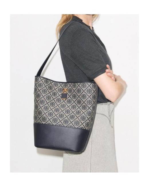 Tory Burch Gray T Monogram Leather-Trim Bucket Bag