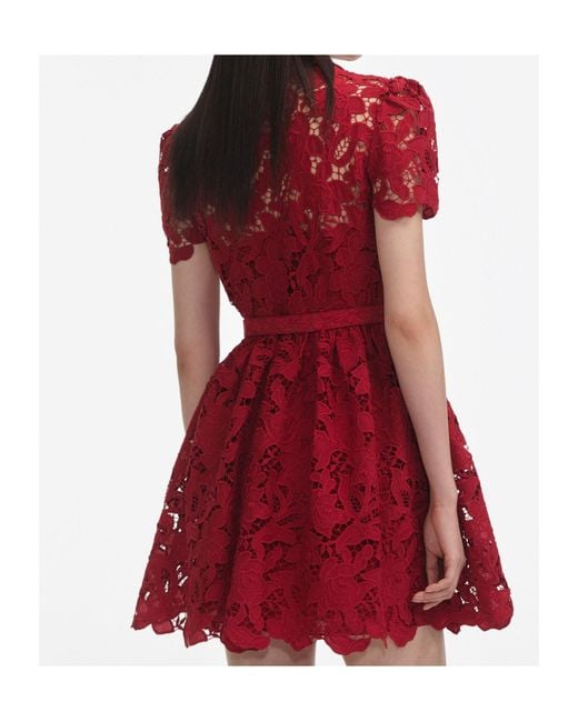 Self-Portrait Red Floral Lace Puff-Sleeved Dress