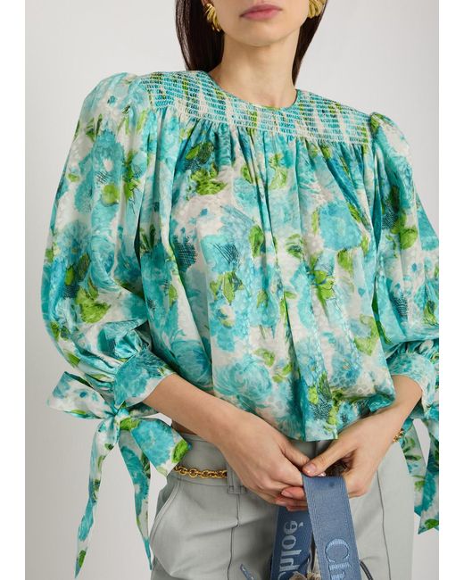 Chloé Blue Printed Cropped Silk Blouse