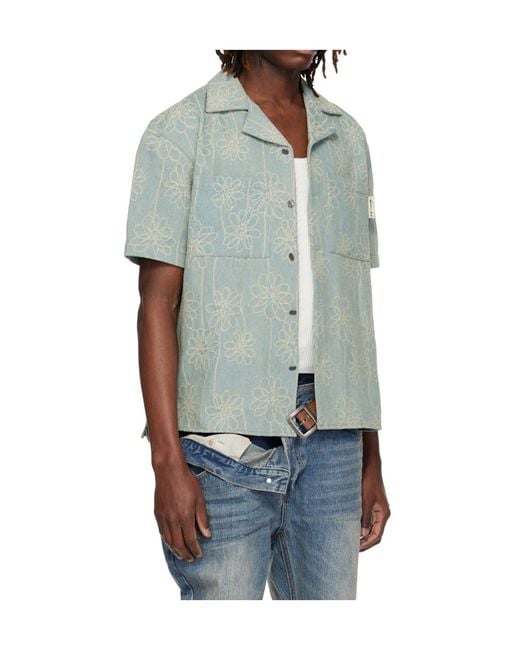 ANDERSSON BELL Blue Floral Embroidered Open Collar Denim Shirt for men