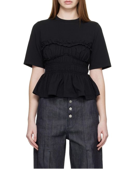 CECILIE BAHNSEN Black Vilde Smocked Peplum T-Shirt