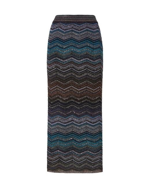 Missoni Blue Tube Viscose Chevron Lamé Long Skirt With Sequins