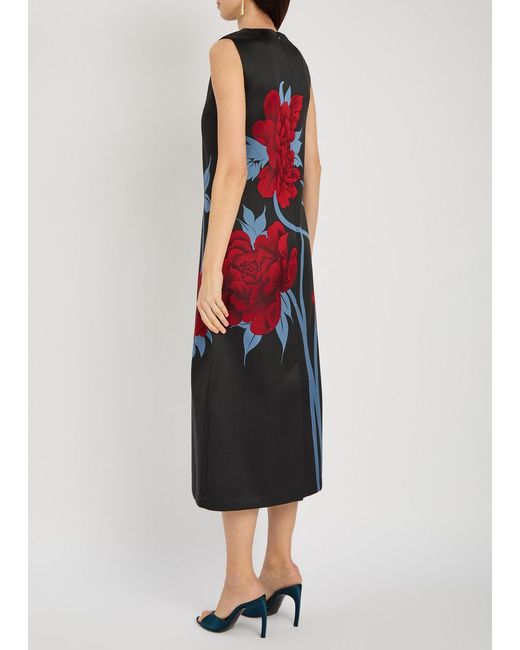 LaDoubleJ Red Column Floral-Jacquard Satin-Twill Midi Dress