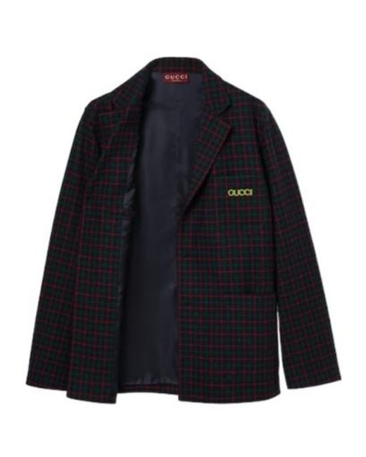 Gucci Blue Embroidered Check Wool Flannel Jacket for men