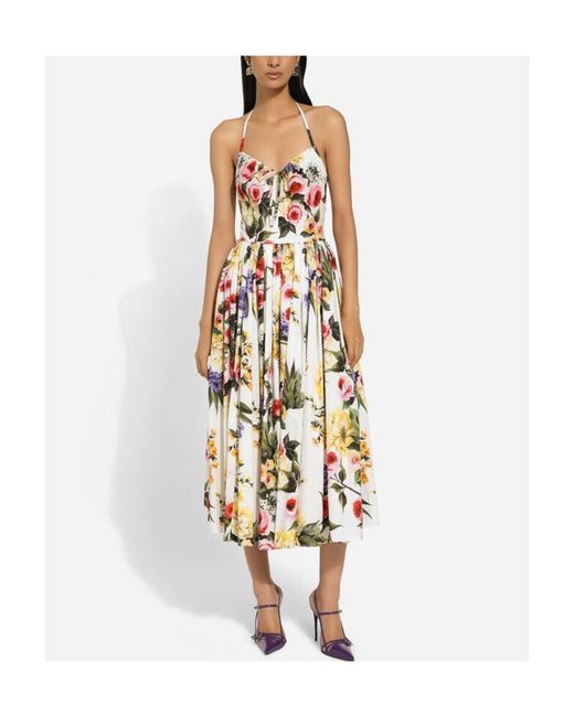 Dolce & Gabbana White Garden Printed Calf-Length Dress