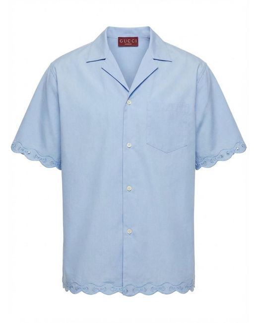 Gucci Blue Cotton Bowling Shirt With Embroidery for men