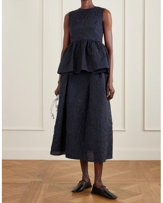 CECILIE BAHNSEN Blue Floral-Jacquard Midi Skirt