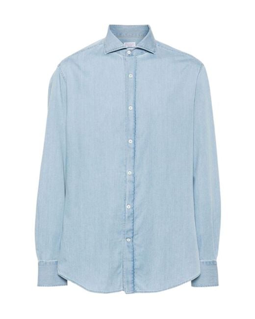 Brunello Cucinelli Blue Buttoned Long-Sleeved Shirt for men