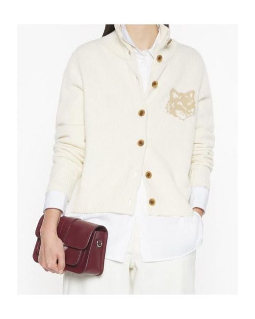Maison Kitsuné White Maison Kitsuné Fox Head Intarsia High-Neck Cardigan