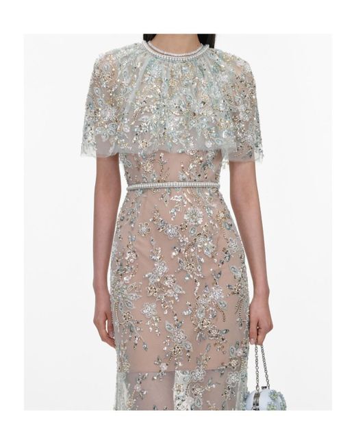 Self-Portrait Gray Sequin-Embellished Cape-Sleeve Maxi Dress