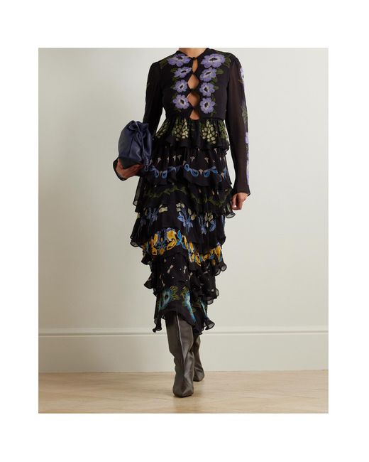 Farm Rio Black Floral-Print Ruffled Dress