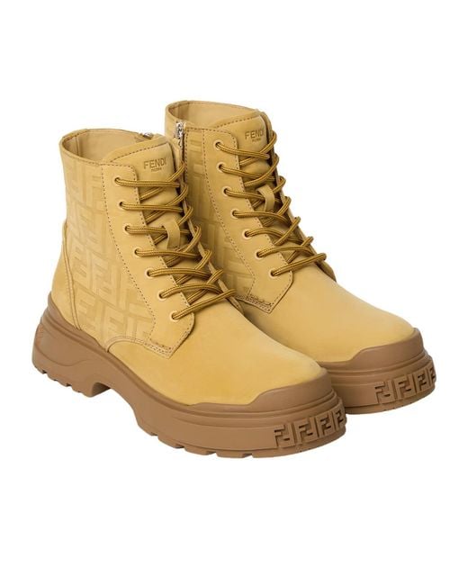 Fendi Natural Ochre Nubuck Embellished Boots With Ff Motif And Zip Closure for men
