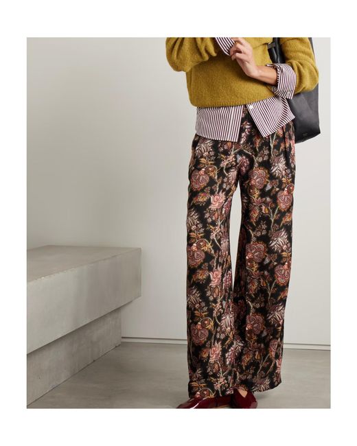 Ulla Johnson Brown Valencia Pleated Printed Wool-Blend Twill Wide-Leg Pants