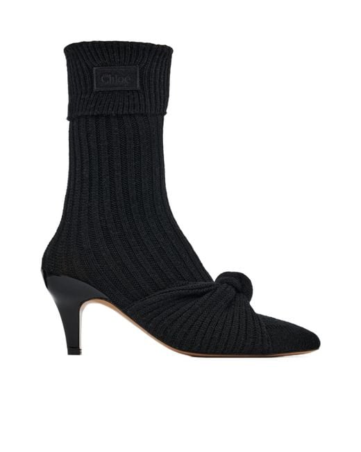 Chloé Black Chloé Ribbed Sock-Knotted Boots