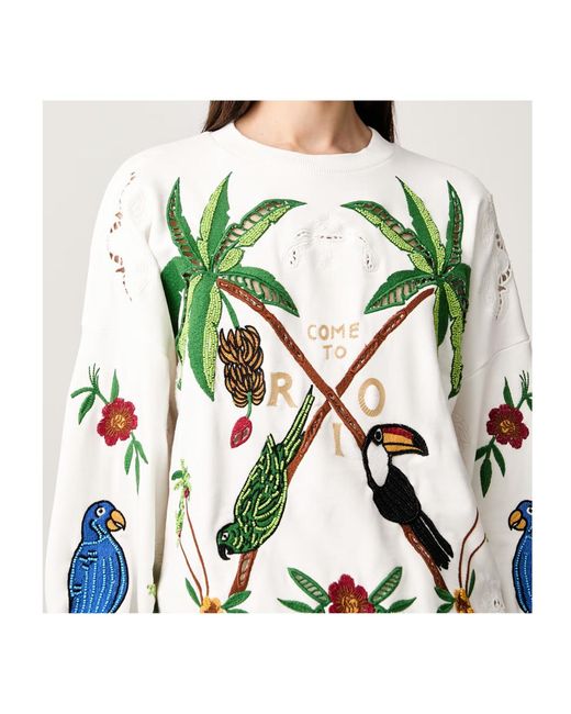 Farm Rio White Bird-Embroidered Sweatshirt