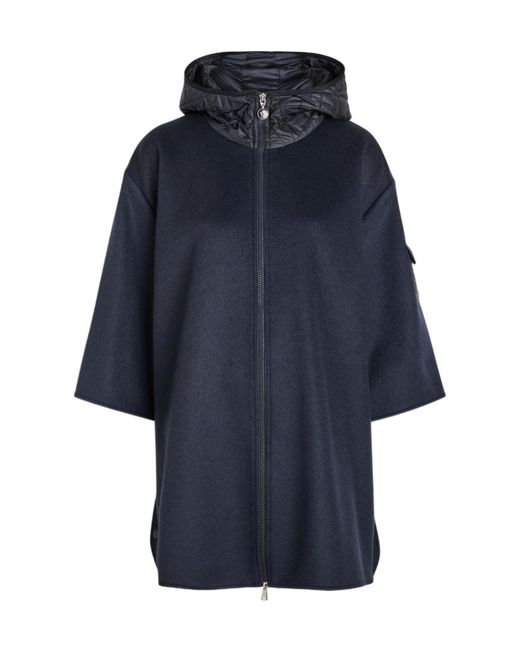 Moncler Blue Hooded Shell And Wool-Blend Cape Coat