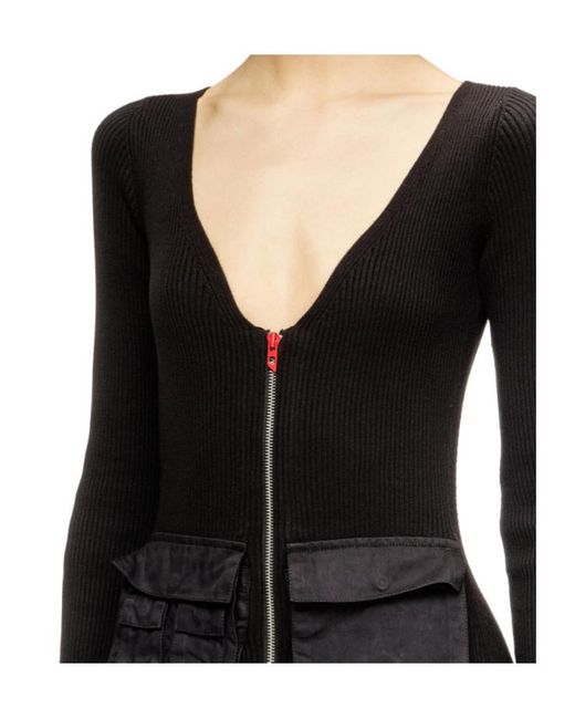 DIESEL Black Ribbed Zip-Front Pocketed Day Dress
