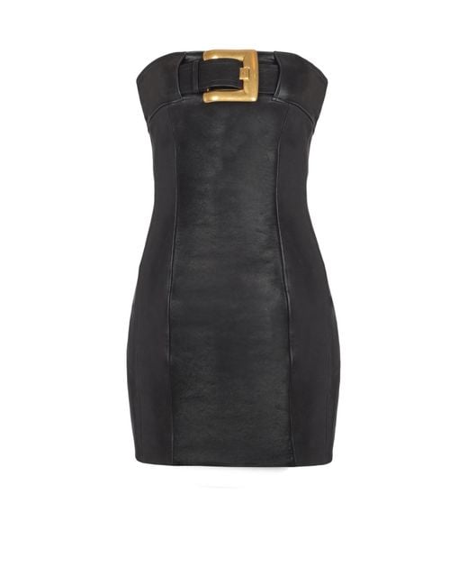 Balmain Black Belted Strapless Leather Dress