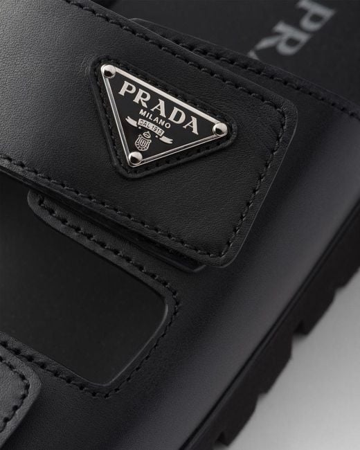 Prada Black Leather Strap Slides for men