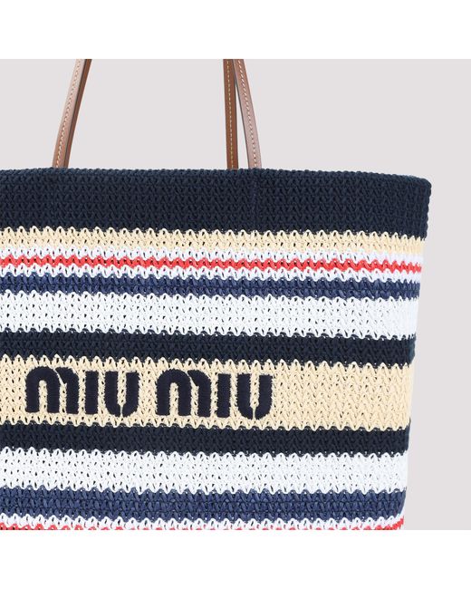 Miu Miu Blue Raffia-Effect Woven Tote Bag