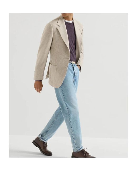 Brunello Cucinelli Natural Cashmere-Panama Deconstructed Blazer With Patch Pockets And Metal Buttons for men