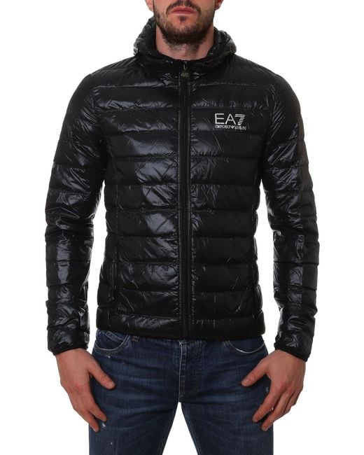 EA7 Black Logo Printed Quilted Down Jacket for men