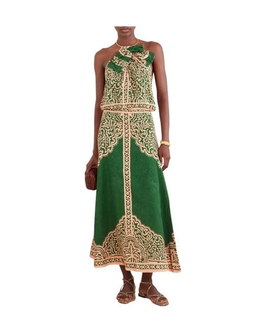 Johanna Ortiz Green Bow-Detailed Embellished Satin-Jacquard Top