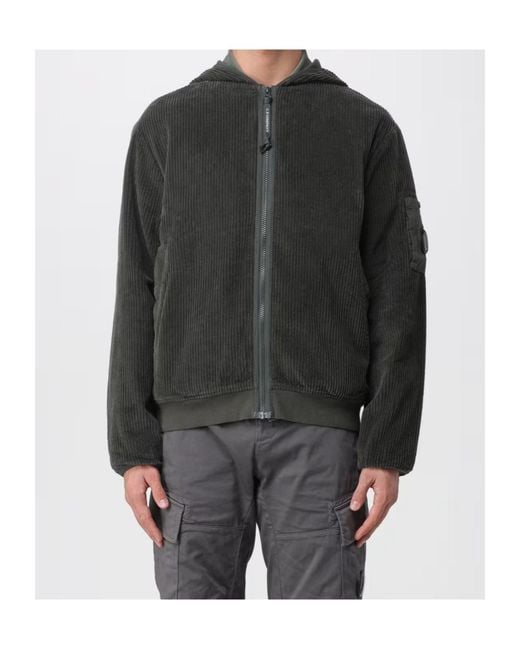 C P Company Black Corduroy 350 Full Zip Hooded Sweatshirt for men
