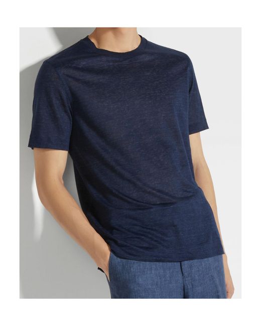 Zegna Blue Fine-Knit Linen T-Shirt for men