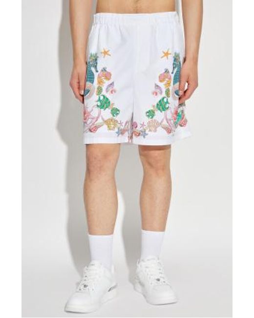 Versace White Coral Theatre Print Elastic-Waist Shorts for men