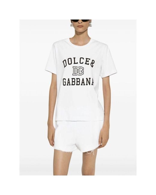 Dolce & Gabbana White Jersey T-Shirt With Logo Embroidery And Lettering