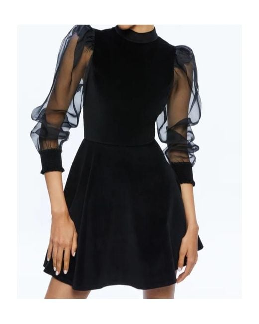 Alice + Olivia Black Paulette Mock-Neck Puff-Sleeve Dress