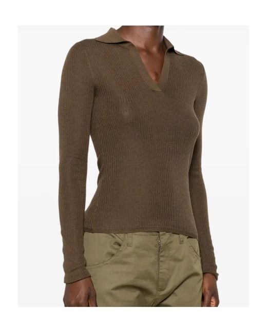 Max Mara Brown Ribbed-Knit Polo Sweater