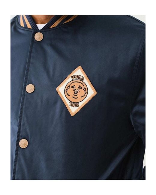 True Religion Blue Satin Embroidered Bomber Jacket for men