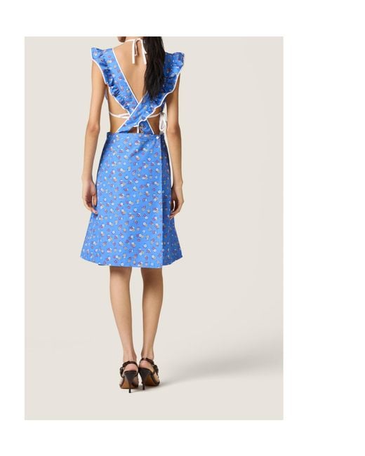 Miu Miu Blue Cotton Floral Pinafore Midi Dress