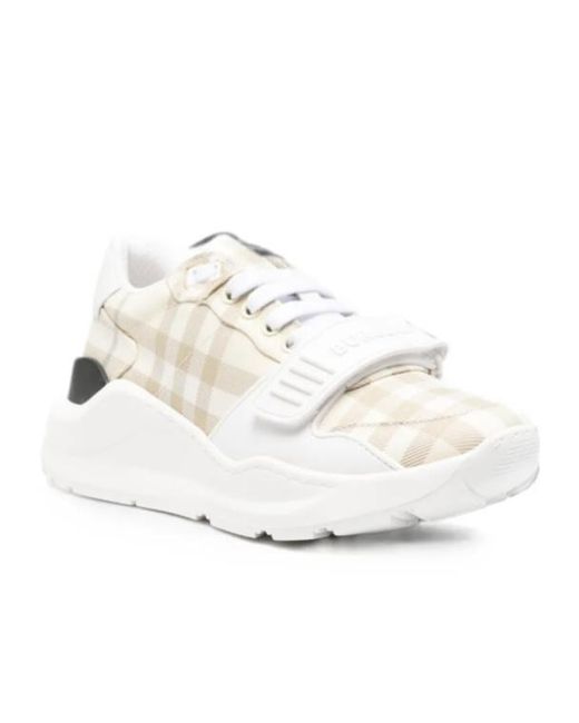 Burberry White Check-Pattern Touch-Strap Sneakers
