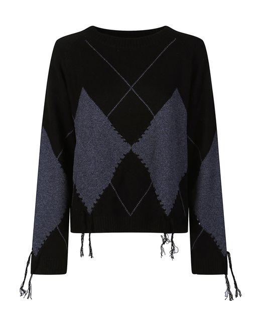Pinko Black Argyle-Pattern Frayed-Detail Sweater
