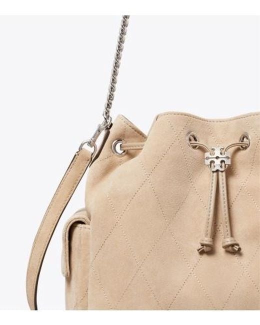 Tory Burch Natural Charlie Quilted Suede Drawstring Shoulder Bag