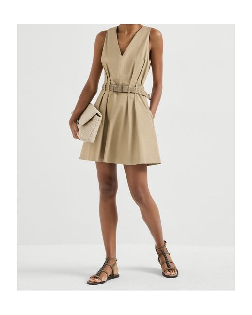 Brunello Cucinelli Natural Belted V-Neck Mini Dress