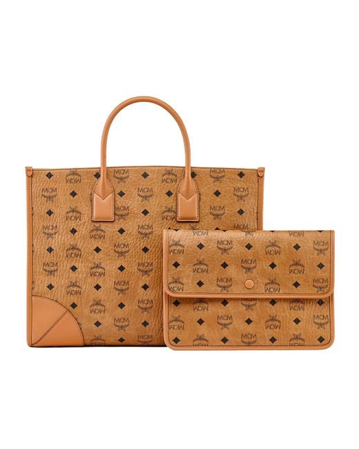 MCM Brown Munich Printed Large Top Handle Bag