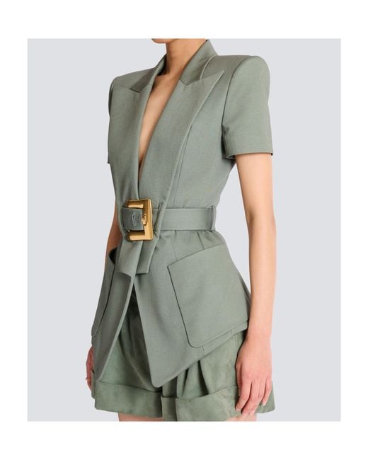 Balmain Gray Belted Gabardine Anthem Jacket