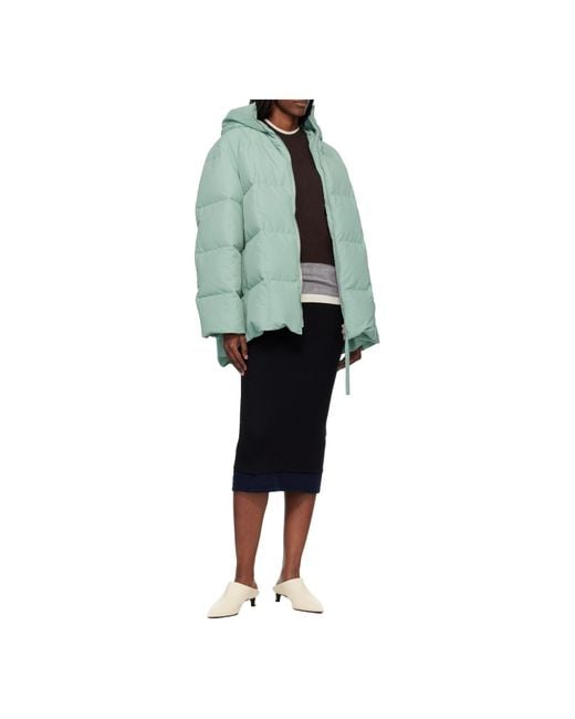 Jil Sander Green Quilted Hooded Down Jacket
