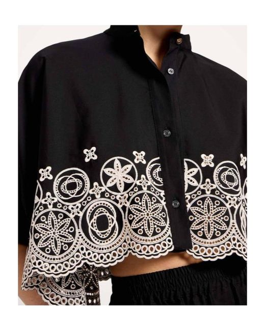 LaDoubleJ Black Mini Foulard Sangallo-Embroidered Cropped Shirt