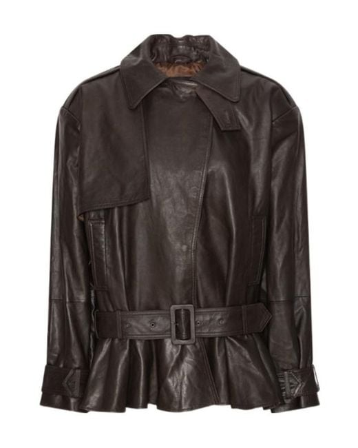 ROTATE BIRGER CHRISTENSEN Brown Belted Peplum Biker Jacket