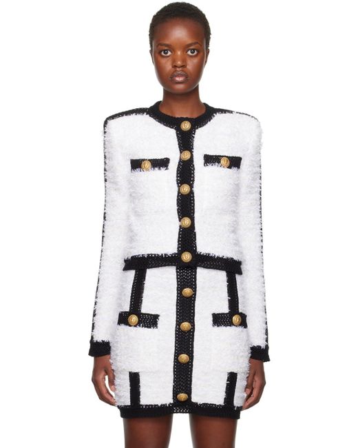 Balmain White Buttoned Cropped Tweed Jacket