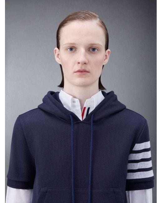 Thom Browne Blue Short-Sleeved Drawstring Hoodie
