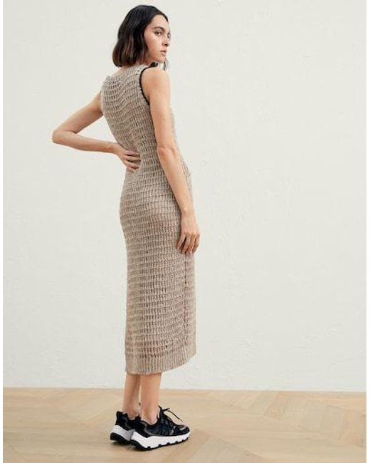 Brunello Cucinelli Natural Open-Knit Shift Midi Dress