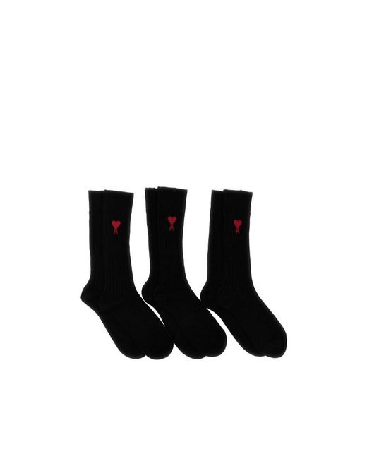 AMI Black Logo Embroidered Ribbed 3-Pack Socks for men