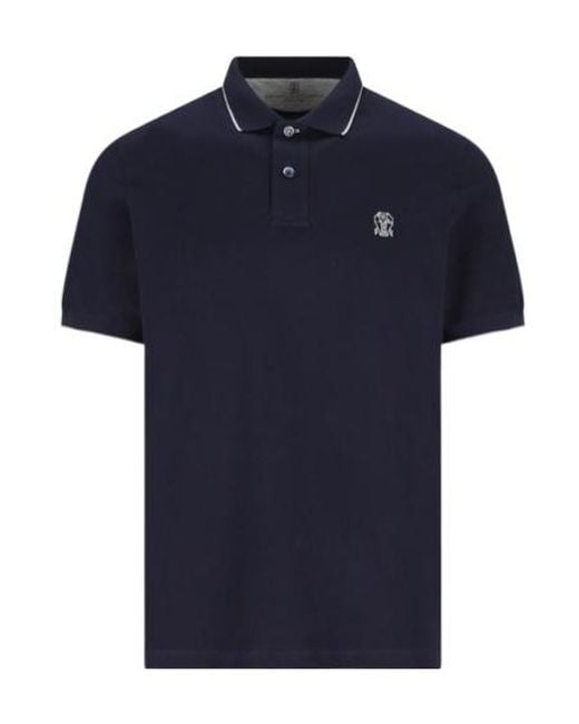 Brunello Cucinelli Blue Logo Embroidered Short-Sleeved Polo Shirt for men